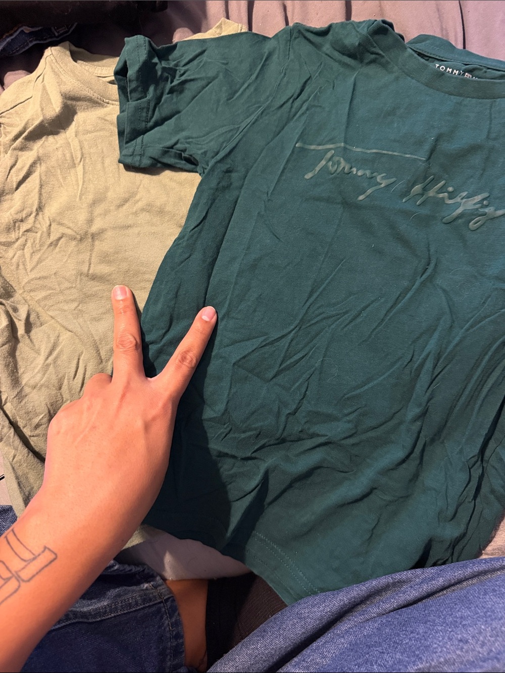 2 pc - Tommy Hilfiger Boy’s Forest Green Script Logo Crewneck Tee